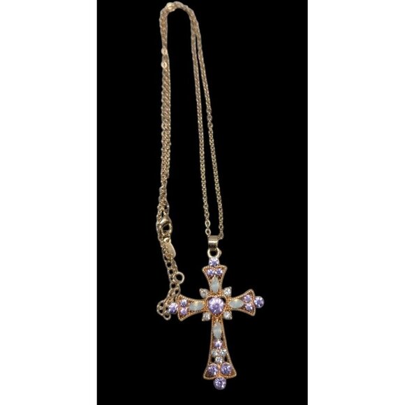Sparkling Purple Rhinestone & Faux Opal Cross Pendant Necklace 19" Gold Plated - Picture 1 of 16